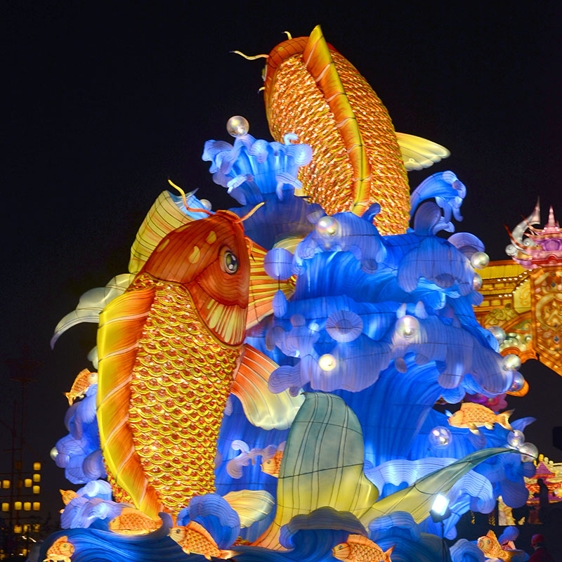 Golden koi fish lanterns leaping through illuminated blue waves