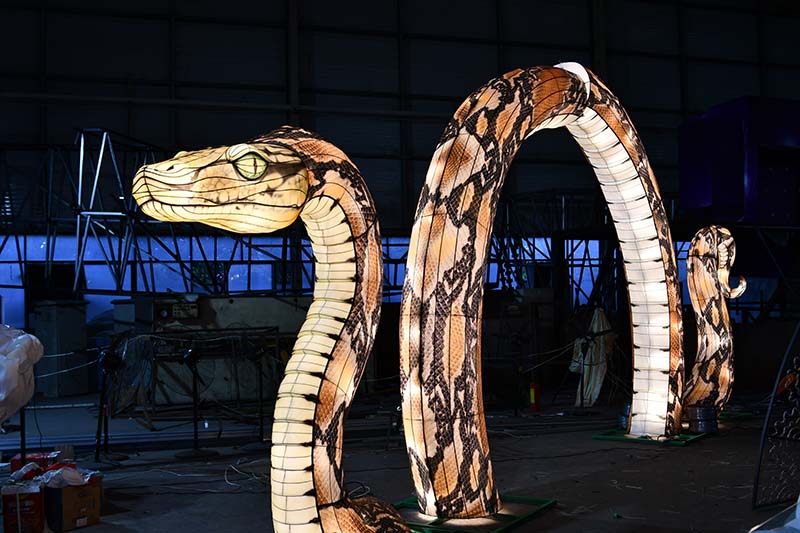 Large python snake lantern being assembled in our Zigong factory workshop