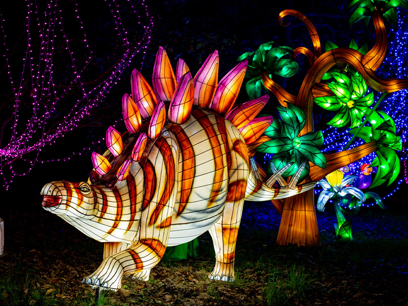 Stegosaurus lantern with colorful illuminated plates in pink, orange and purple. Kite-shaped back plates glow in gradient colors. Chinese silk dragon lantern technique applied to Jurassic dinosaur sculpture.