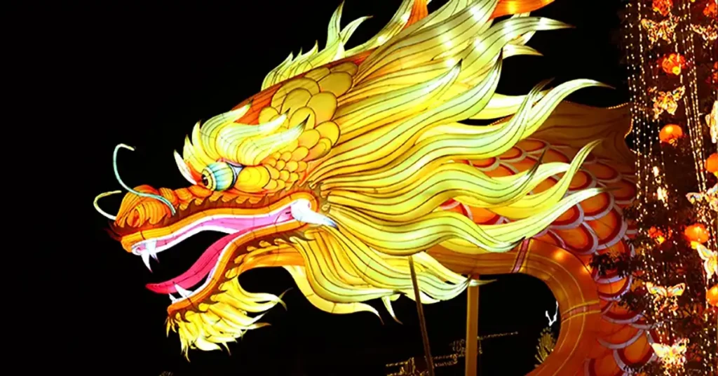 Golden Dragon Head Closeup — illuminated dragon lantern for Chinese lantern festival displays