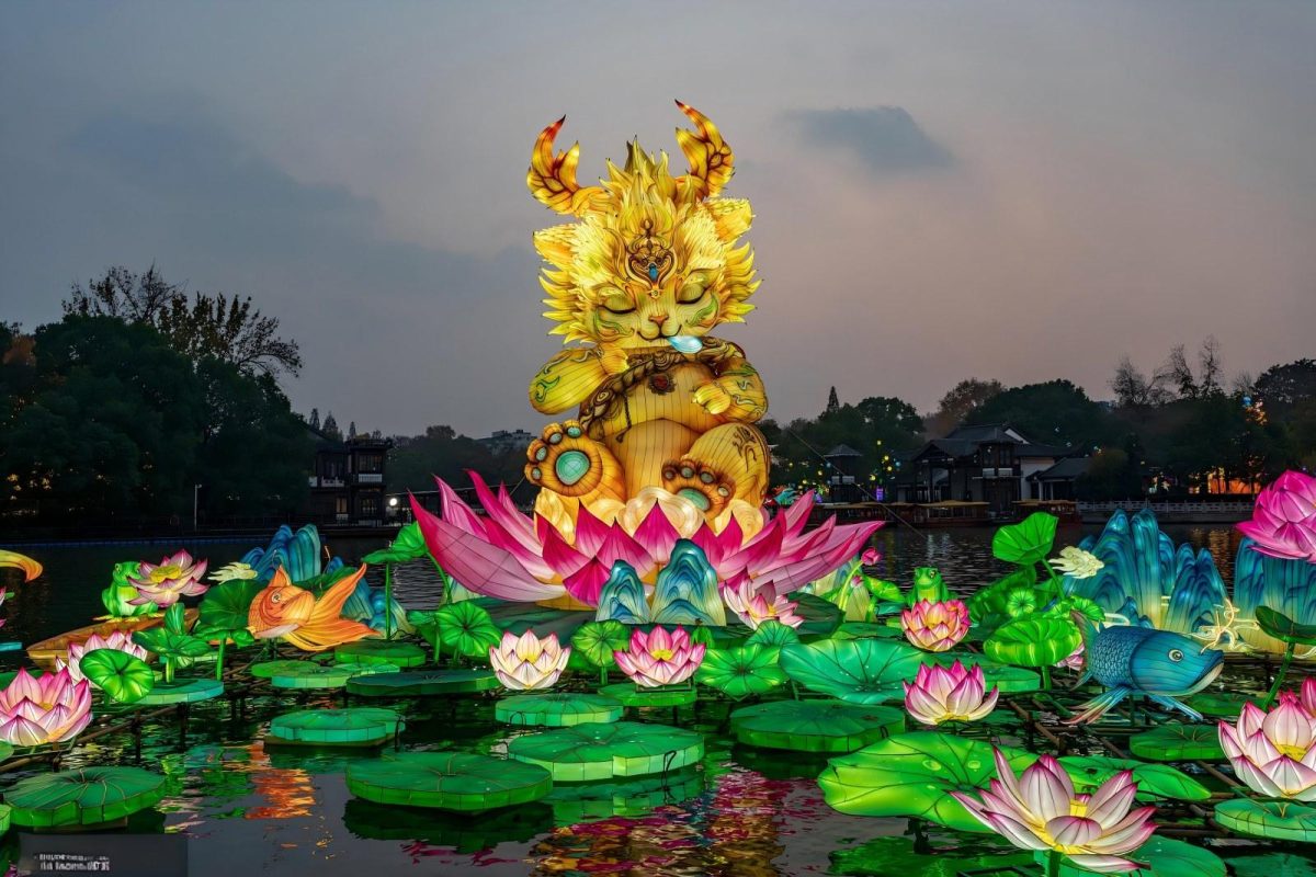 Golden Qilin on Lotus Pond water lantern — illuminated mythical beast on a lotus pedestal with koi and lily pads, made in Zigong