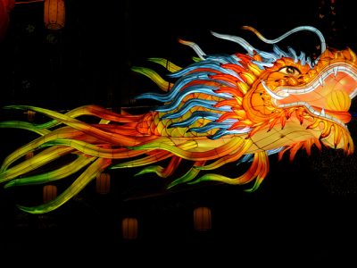 Rainbow Gradient Dragon Head Lantern | Chinese Festival Light Sculpture 