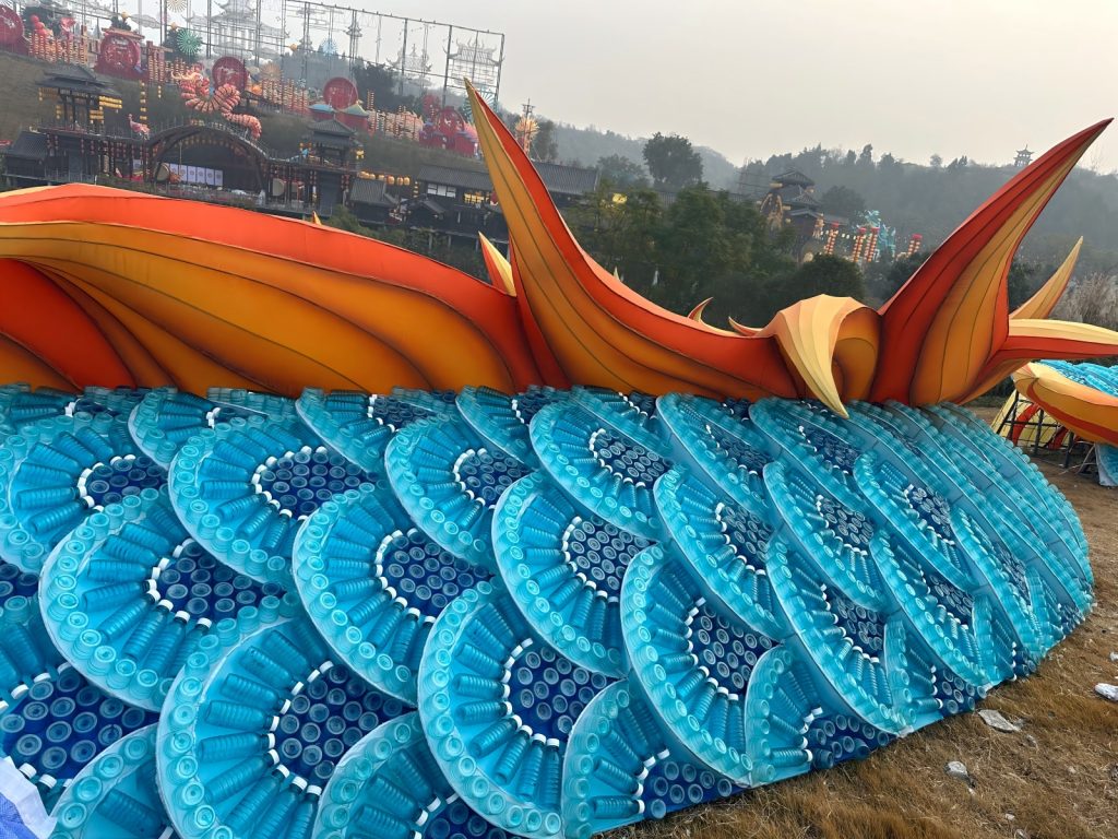 Close-up of Zigong lantern craft — silk wrapping and wire frame construction
