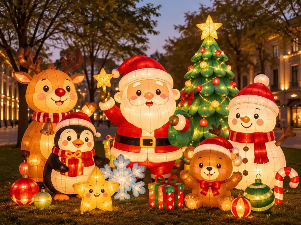 Christmas Storybook Character Lantern scene featuring Santa Claus, snowman, reindeer, penguin and teddy bears with decorated tree and gifts