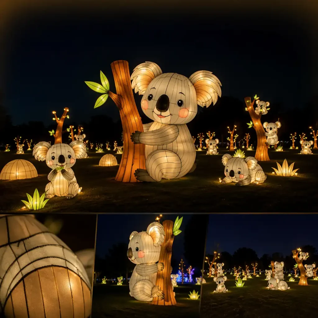 Cute koala lantern family climbing glowing eucalyptus tree surrounded by smaller koala lanterns and twinkling jungle ambience