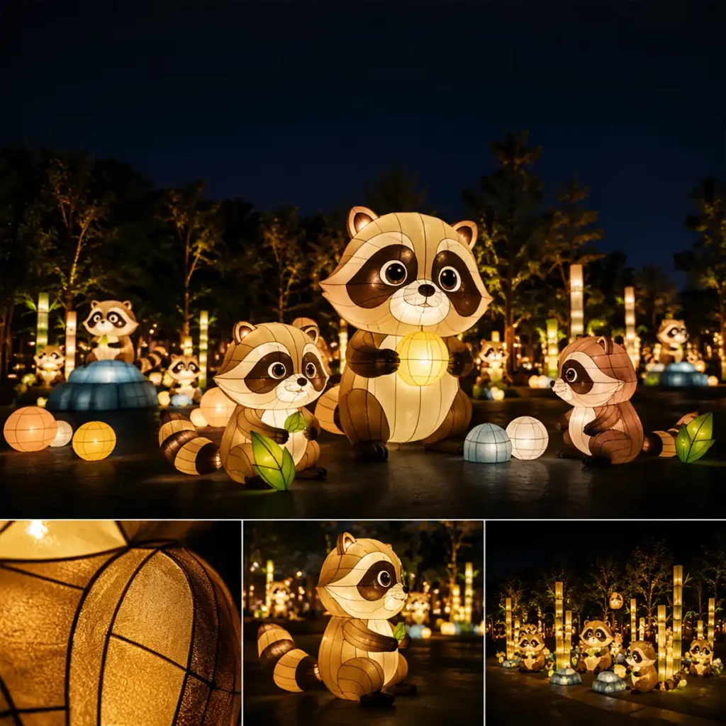 Cute raccoon family lantern of three with glowing eyes holding green leaves and glowing orb in autumn lantern festival setting