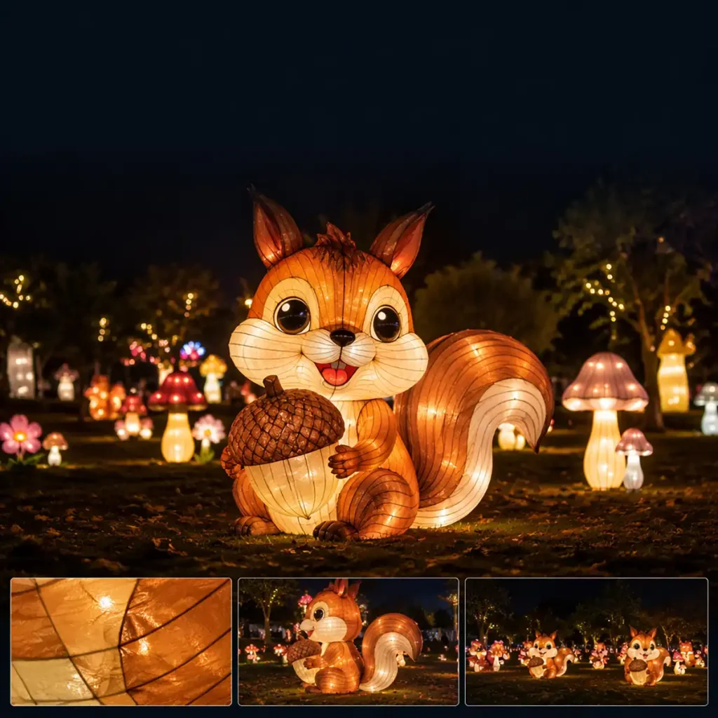 Cute squirrel lantern proudly holding glowing acorn surrounded by colorful autumn mushroom lanterns and forest floor details in autumn lantern festival