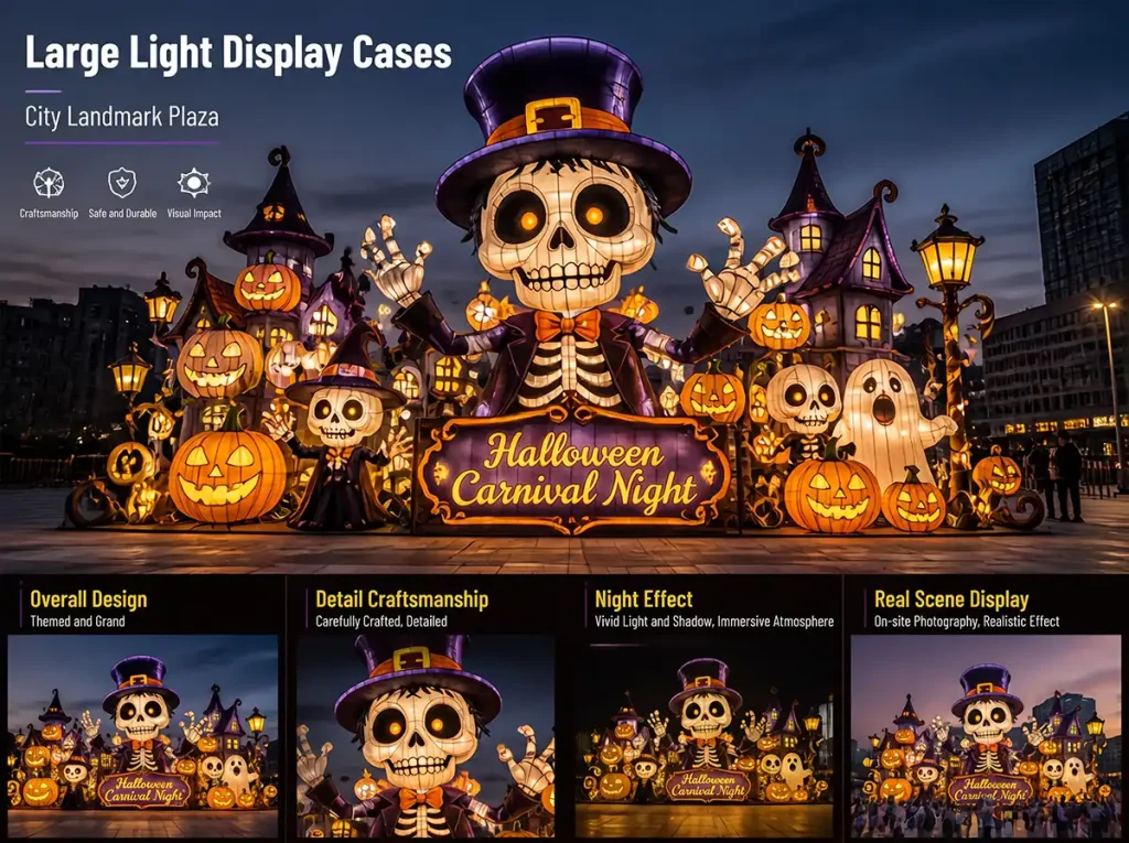 Carnival-style skeleton figure with festive colorful lighting and celebratory decorations for family-friendly Halloween zoo lights events