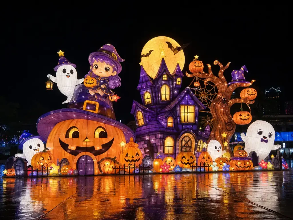 Cute witch village with friendly ghost figures and whimsical pumpkin decorations for family-friendly Halloween lights at the zoo and children events