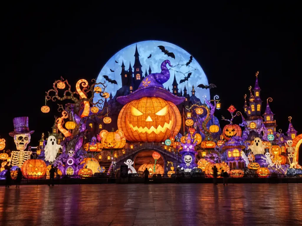 Giant pumpkin witch lantern centerpiece with perched ghost and glowing jack-o-lantern face for Halloween lantern display events