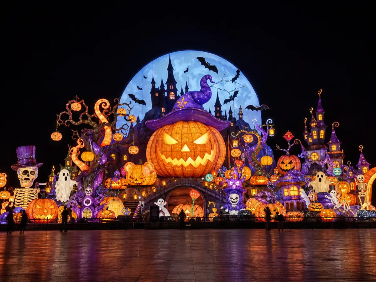 Giant pumpkin witch Halloween lantern centerpiece with moon disc backdrop, top-hat skeleton and twisted pumpkin tree on a night plaza
