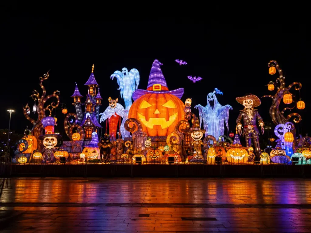 Festival-scale giant pumpkin lantern with witch hat decorations and extensive LED lighting coverage for large Halloween festival anchor installations