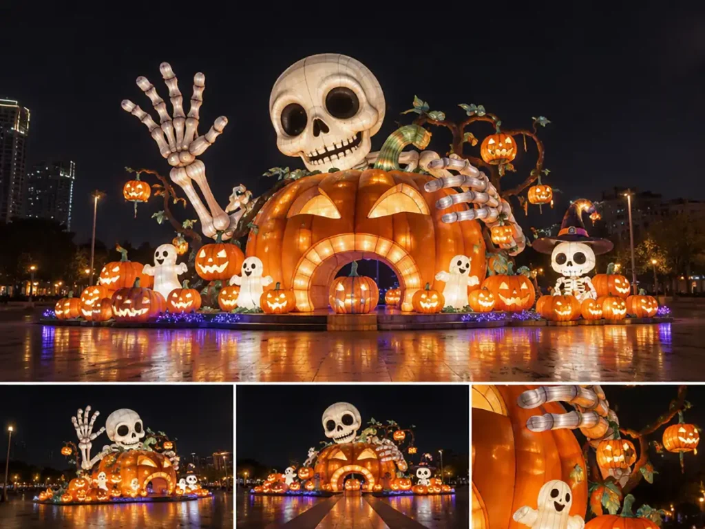 Massive giant skull lantern structure with glowing eye sockets that visitors can walk through for Halloween lantern display photo opportunities