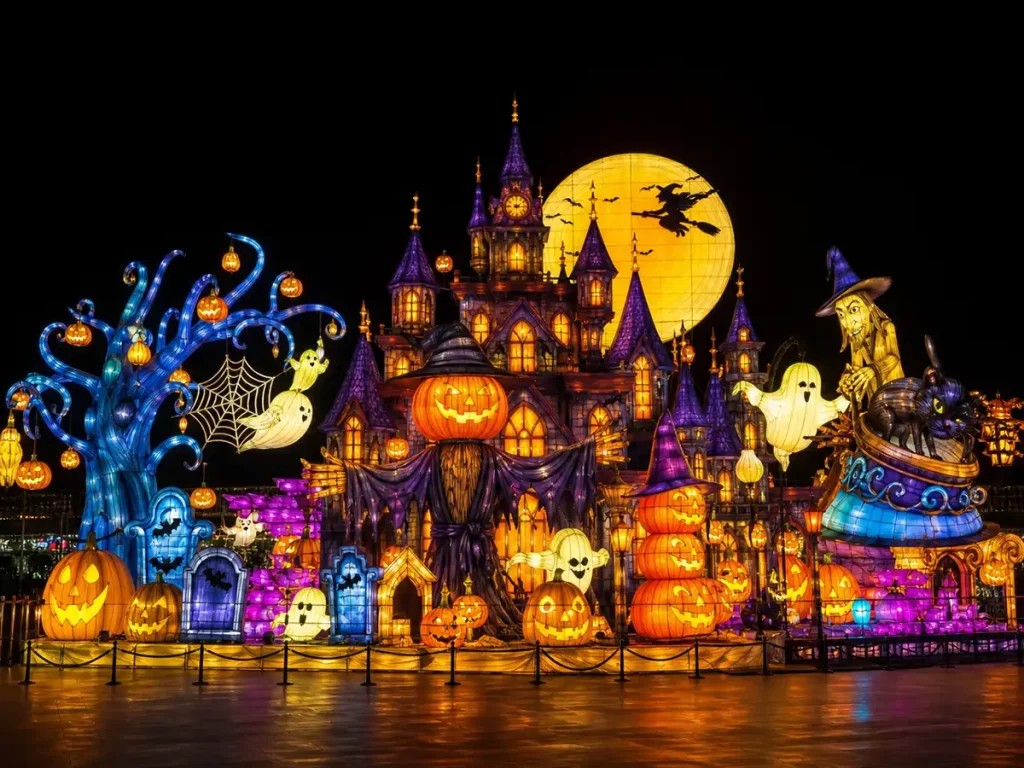 Haunted castle facade with glowing pumpkin village and spooky tower silhouettes for Halloween lights at the zoo and festival venues
