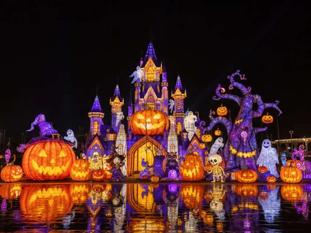 Skull-lined pathway with glowing eye sockets leading to haunted castle silhouette for Halloween lantern display walk-through experience