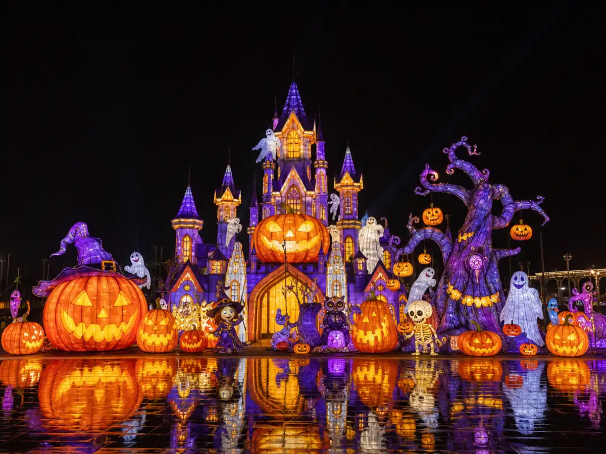 Haunted castle Halloween lantern display with multi-tower lit castle, walk-through arched gateway, witch on a giant pumpkin and ghosts reflected in a wet plaza