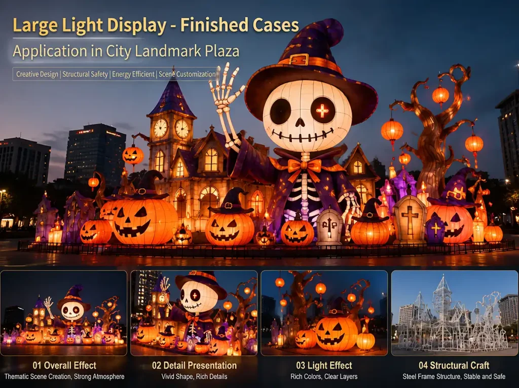 Comprehensive large-scale Halloween lantern display showing multiple detailed figures and craftsmanship quality for portfolio showcase and large venue installations