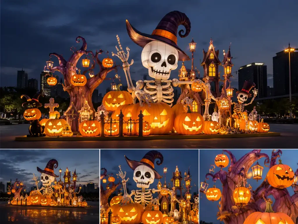 Tall skeleton wearing witch hat surrounded by glowing jack-o-lantern pumpkins on vintage lanterns for Halloween zoo lights night display