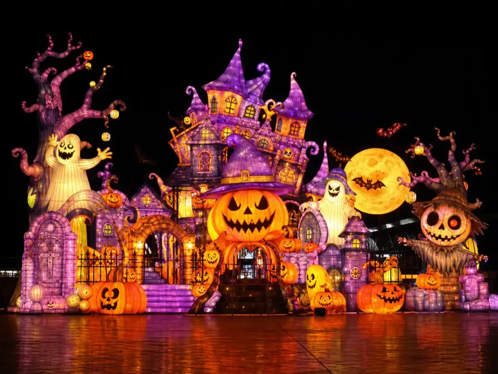 Purple-lit gothic castle with animated scarecrow figure for elegant yet spooky Halloween lights at the zoo and upscale events