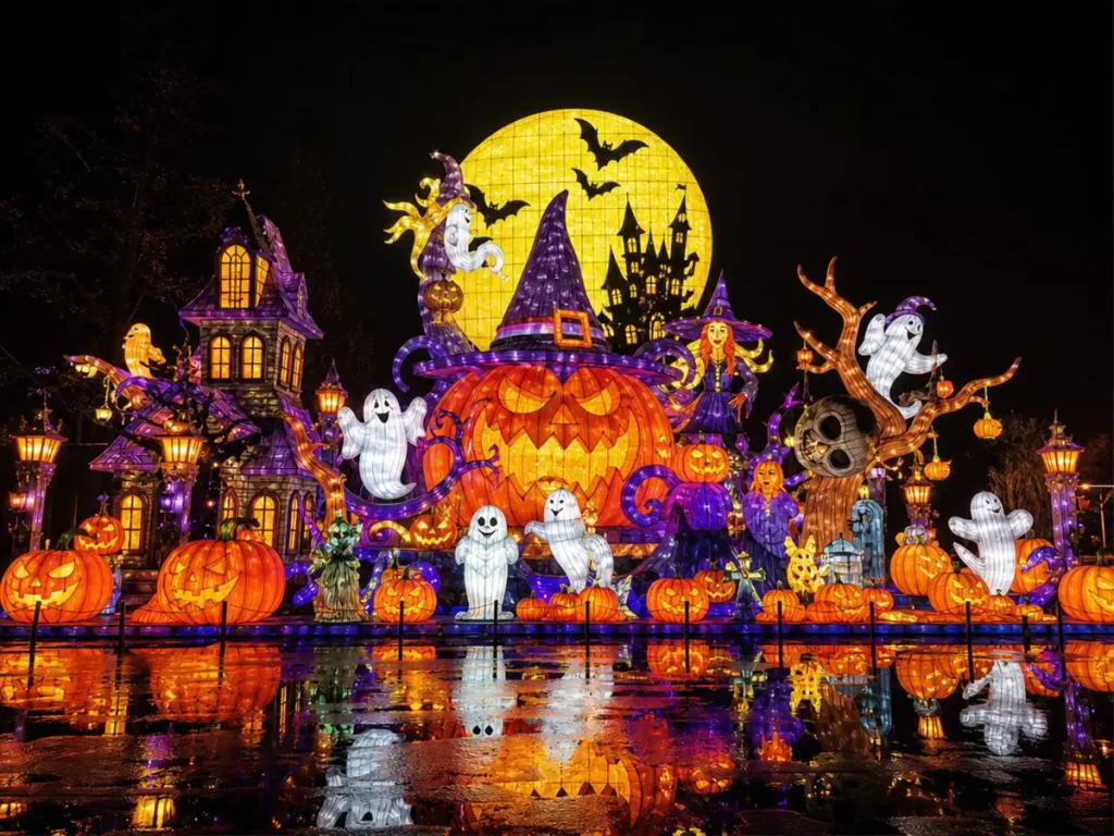 Classic Halloween trio of witch figure, oversized pumpkin lantern and floating ghost for traditional Halloween lantern display scenes