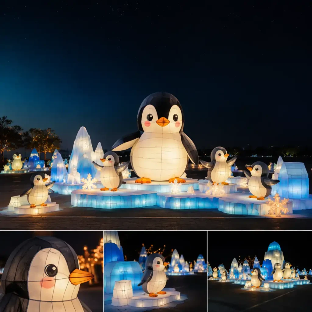 Ice and snow penguin lantern display with mother penguin and chicks on glowing ice floes at a winter lantern festival