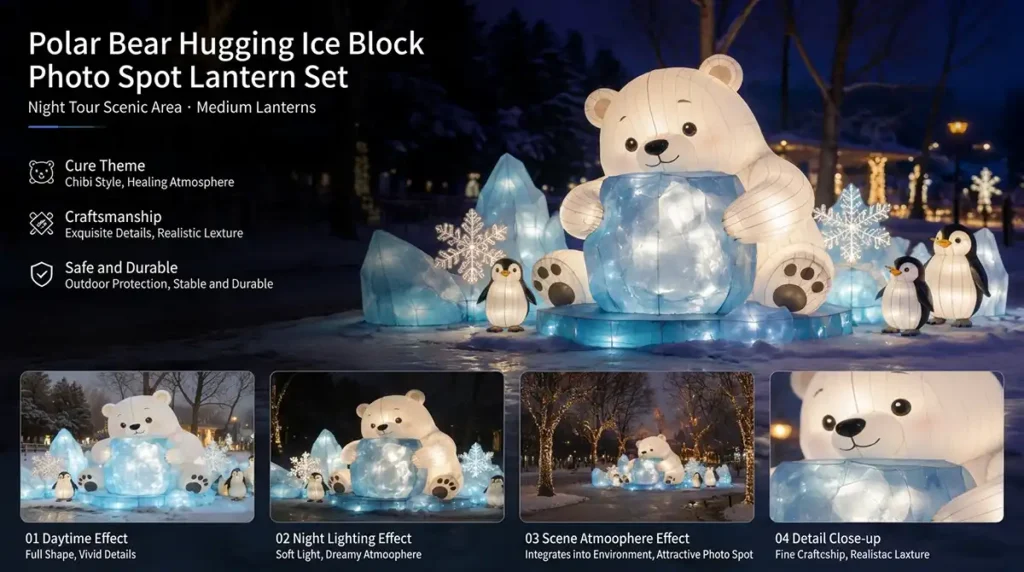 Polar bear hugging ice block photo spot lantern set with penguins, snowflake lanterns and crystal ice formations for winter lantern festival zoo winter events