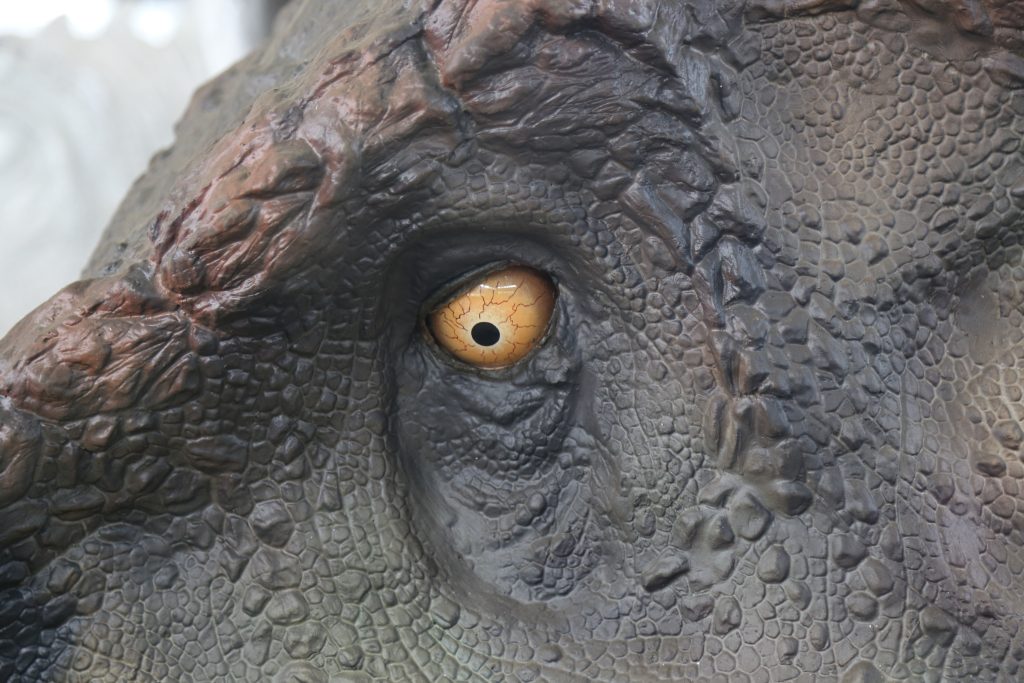 Hyper-realistic animatronic dinosaur eye close-up showing detailed texture for AI camera recognition and interactive face-tracking