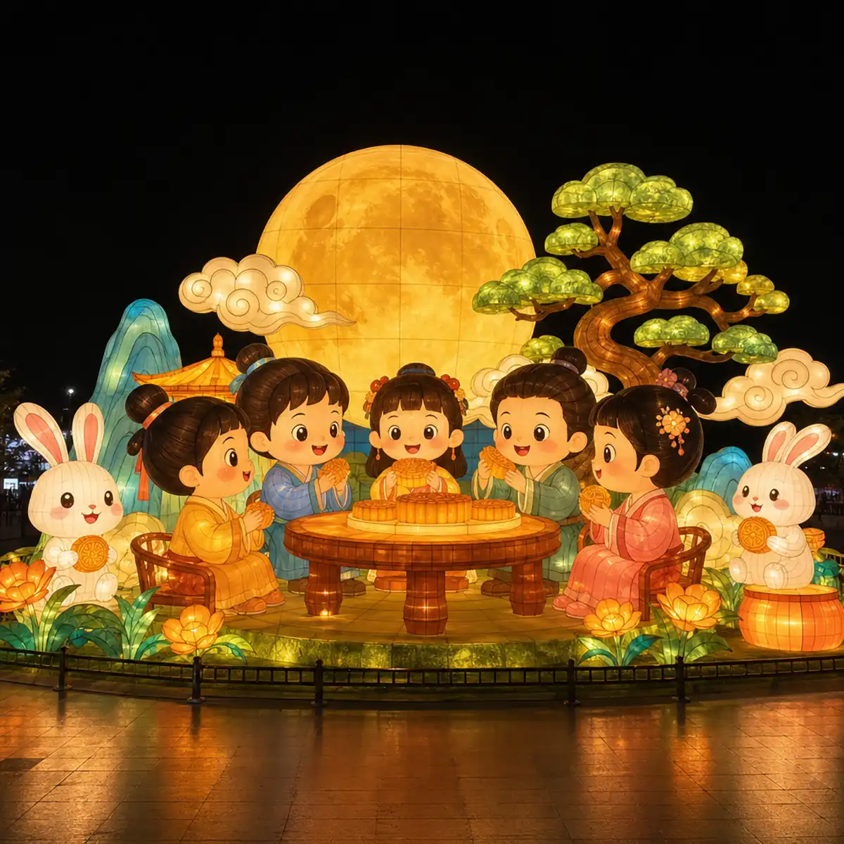 Mid-autumn lantern festival design concept — jade rabbit beneath illuminated full moon with golden osmanthus blossoms