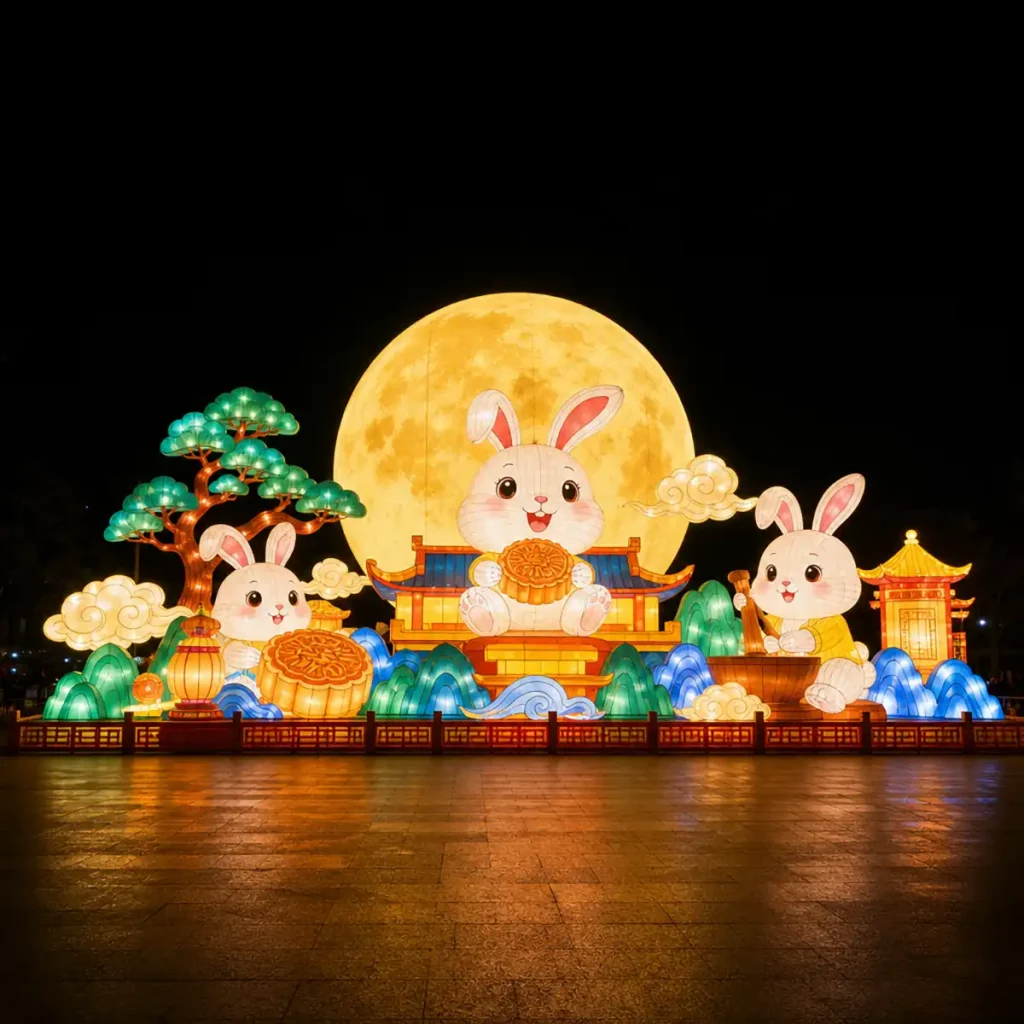 Mid-Autumn Moon Arch & Red Lantern Tunnel design with crescent moon archway entrance and glowing red lantern walk-through