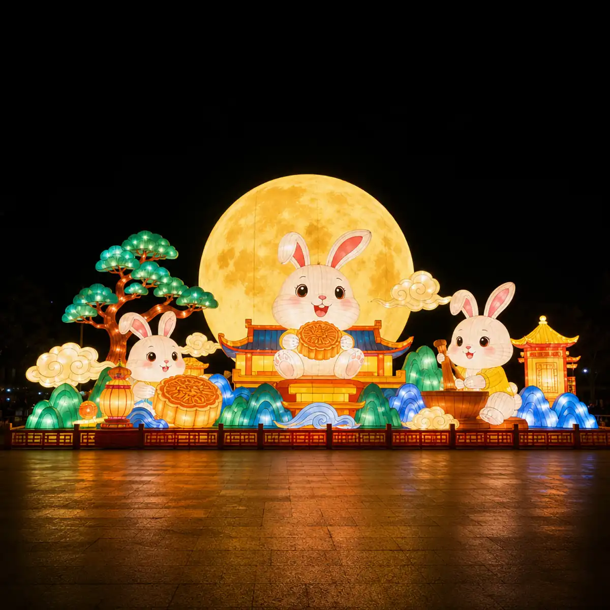 Mid-autumn lantern festival design concept — crescent moon archway entrance leading to glowing red lantern walk-through tunnel