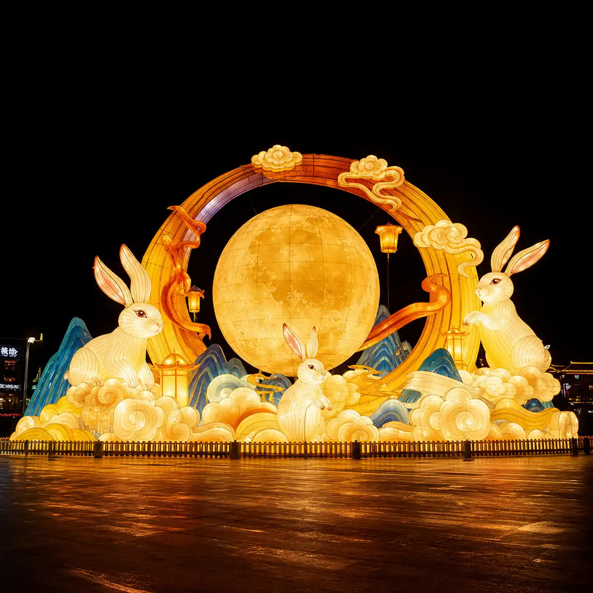 Mid-autumn lantern festival design concept — Moon Palace featuring Chang'e goddess and jade rabbit beneath crescent moon and osmanthus tree