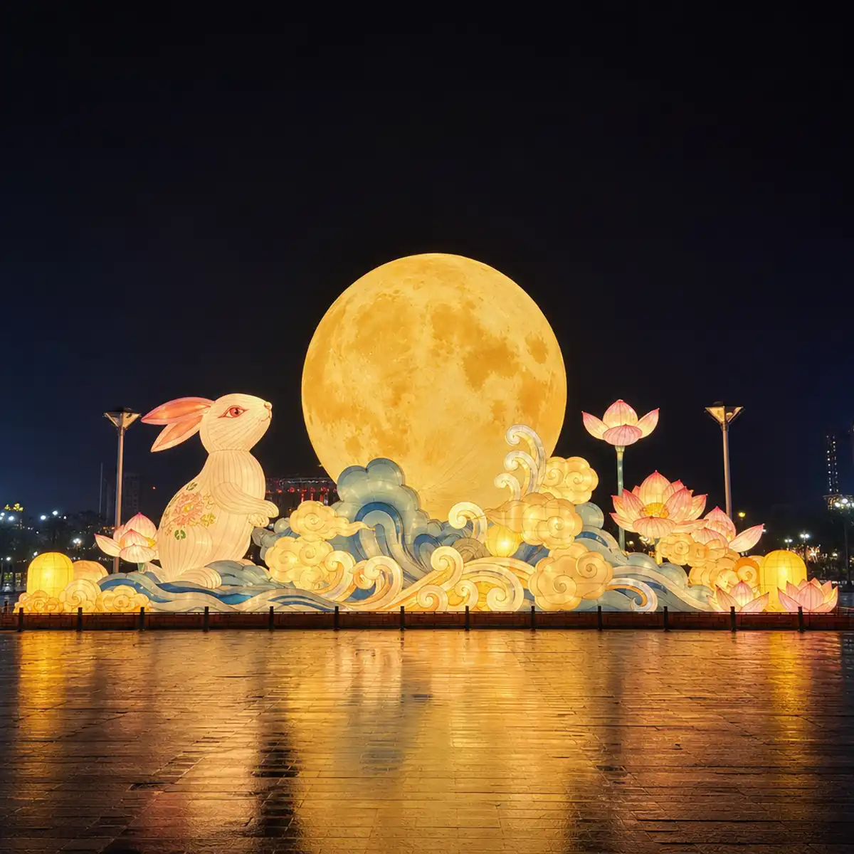 Mid-autumn lantern festival design concept — oversized illuminated mooncakes, red lanterns, tea ceremony settings and harvest decorations