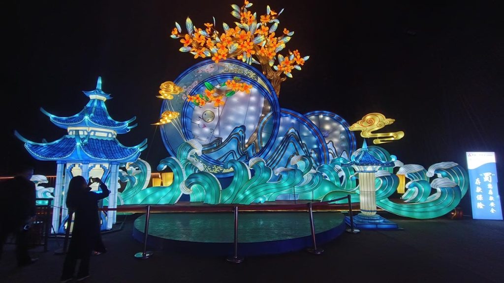 Mid-Autumn lantern festival featuring moon goddess Chang'e and jade rabbit illuminated display at theme park