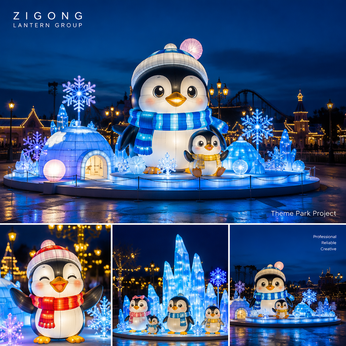Arctic Adventure polar bear family lantern scene with giant dad bear fishing baby bear and penguins on ice mountain base