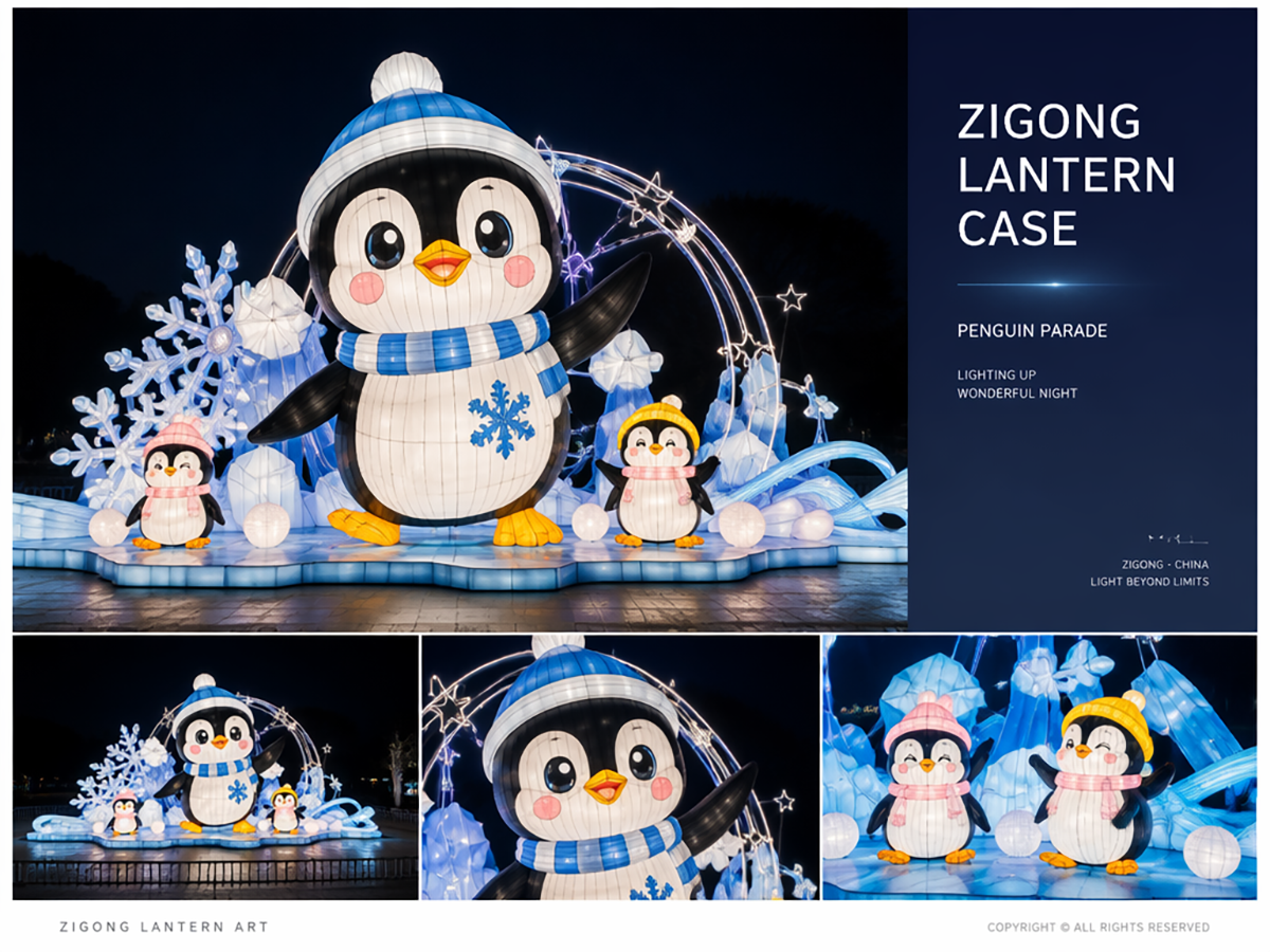 Penguin Parade winter lantern display with giant smiling penguin in blue hat and scarf two baby penguins illuminated snowflake arch and ice mountain base