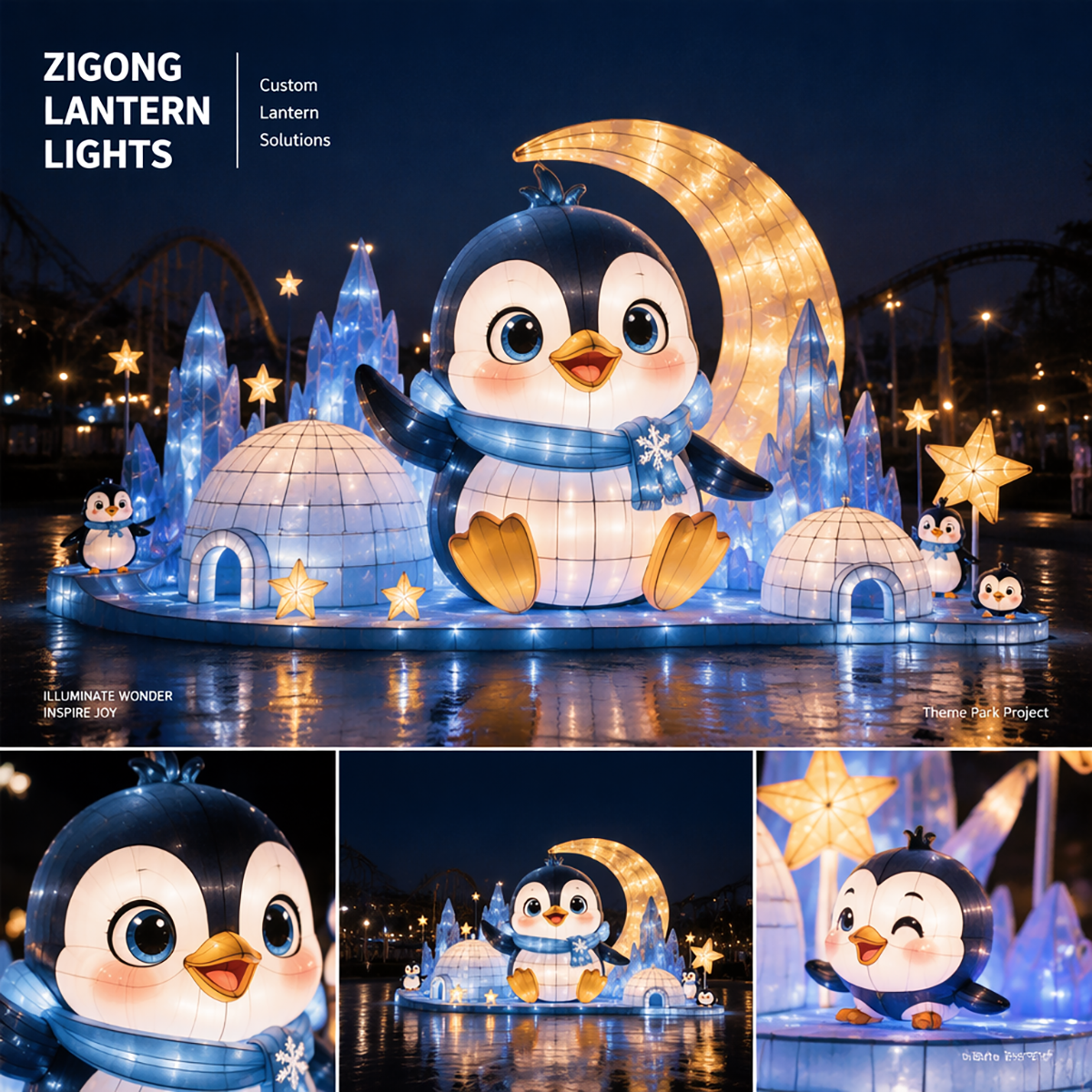 Smiling Penguin winter lantern with crescent moon backdrop two baby penguins illuminated igloos ice mountains and yellow star projections