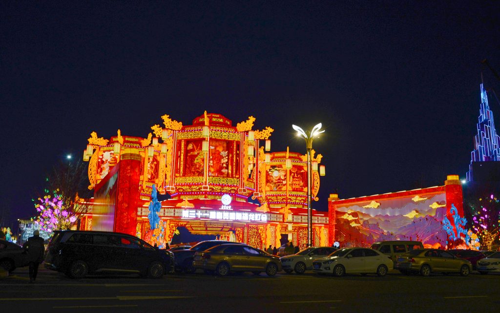 Giant festival lantern gate structure with smart monitoring — laser settlement detection and structural health monitoring for large-scale festival lantern displays