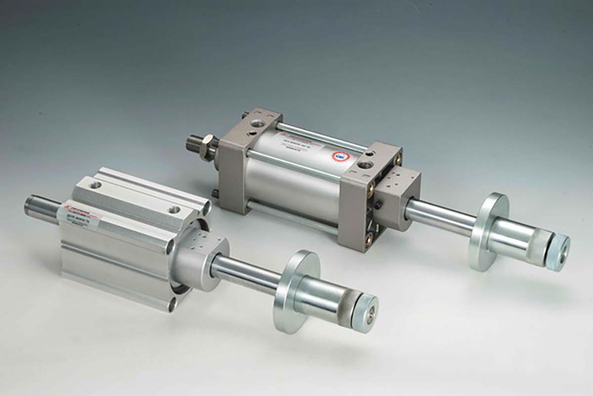 Pneumatic cylinder technical diagram showing air ports piston and rod components