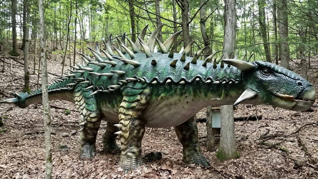Life-size animatronic Ankylosaurus with full body armor, spikes, and tail club, displayed in a forest setting. Green and tan armored skin with detailed osteoderms and lateral spikes. Custom herbivore dinosaur for zoo trails.