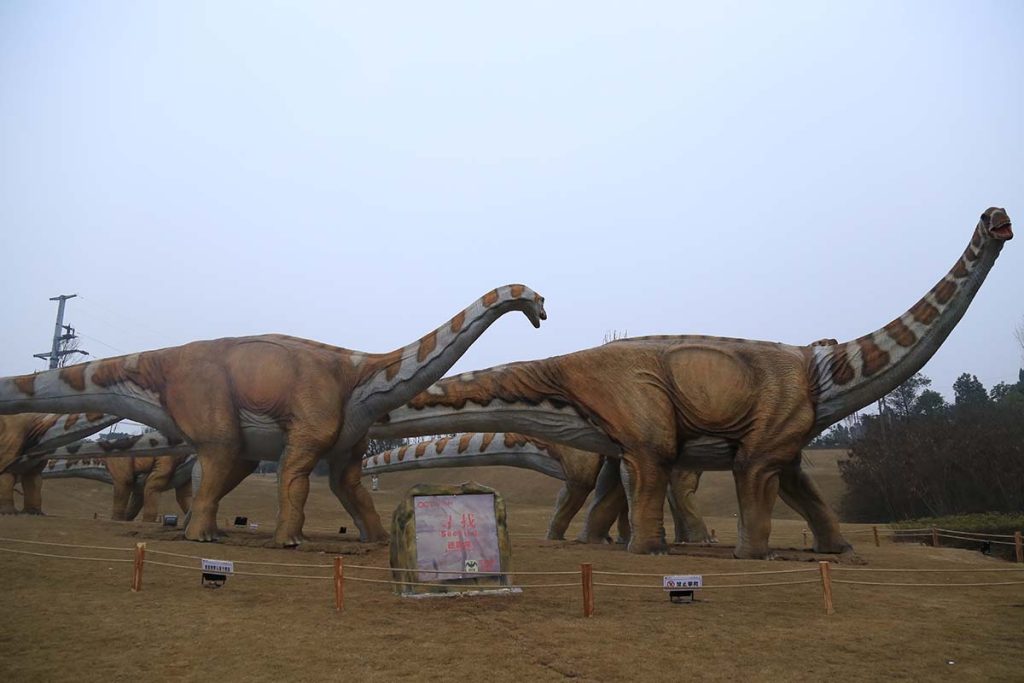 Multiple life-size animatronic Apatosaurus (long-neck sauropods) arranged in a herd display at an outdoor dinosaur park. Brown and white-striped bodies with sweeping necks and tails. Bespoke museum-quality sauropod installation.