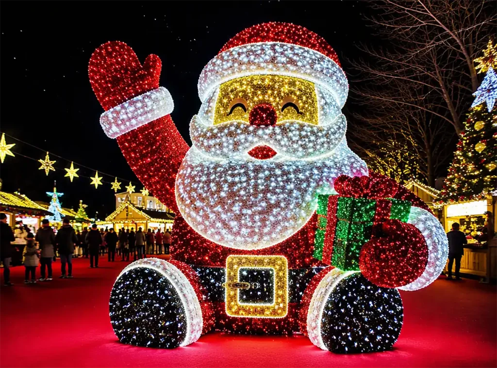 Sitting Santa Claus lantern with gift box at Christmas market display from Zigong manufacturer