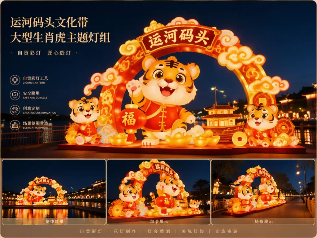Chinese New Year Tiger Lantern — Year of the Tiger festival scene with a tiger family under a traditional Chinese archway "运河码头" at night