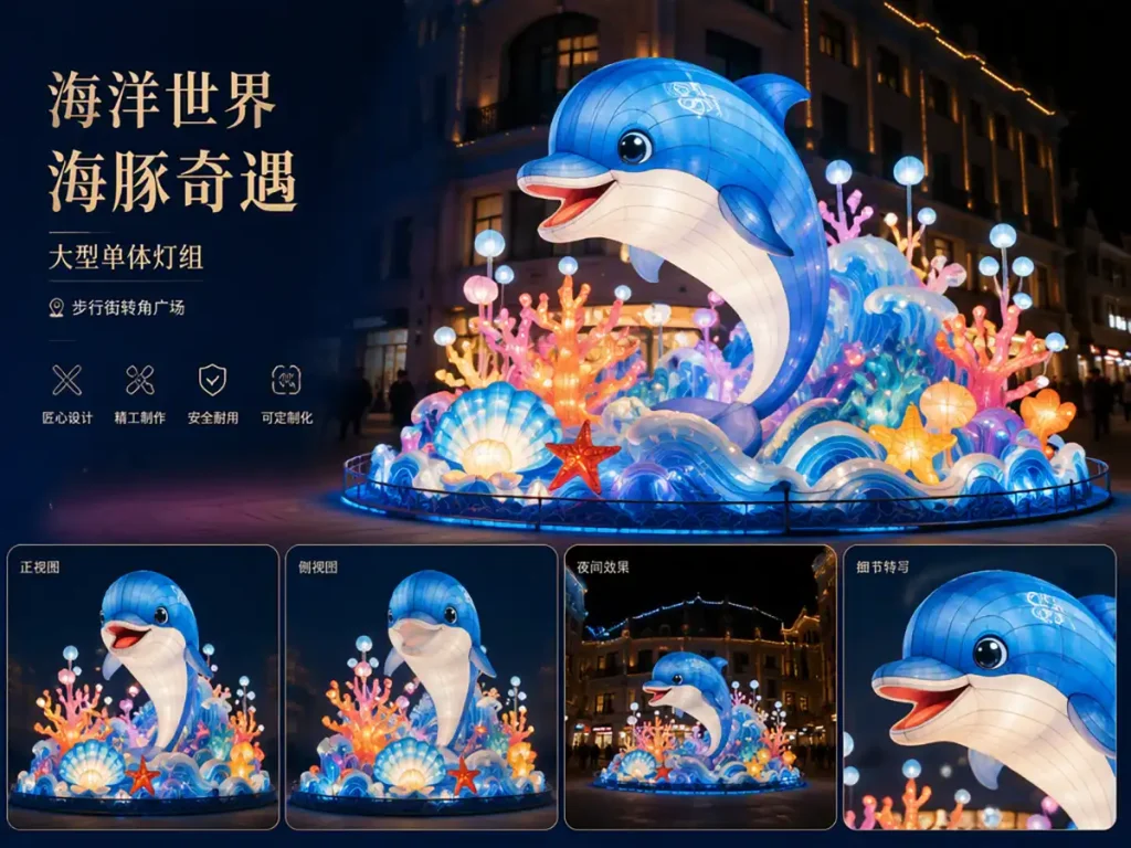 Ocean Dolphin Lantern — "海洋世界 海豚奇遇" themed large dolphin sculpture arcing through coral reef and water sphere modules at street corner plaza
