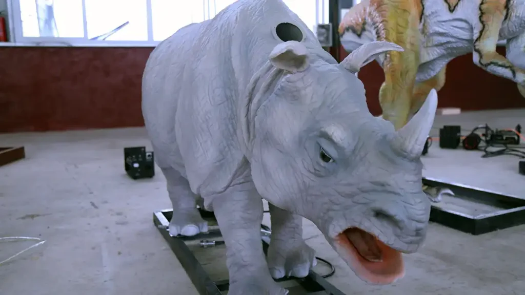 Life-size animatronic white rhino statue front three-quarter view with mouth open