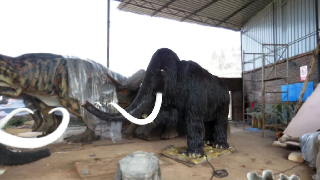 Lifesize animatronic woolly mammoth in workshop showing full body side profile, black shaggy synthetic fur and curved white tusks