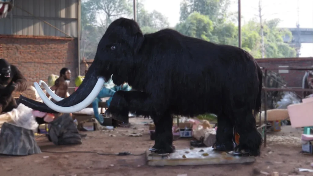 Animatronic woolly mammoth raising one front leg in workshop, displaying long curved tusks and dense Ice Age fur texture
