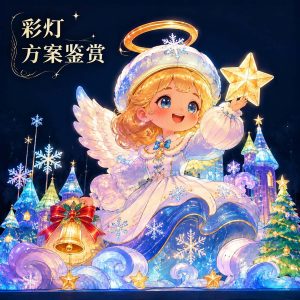 Christmas lantern angel winter castle display — illuminated angel with halo, snowflakes, golden bells, and fairy-tale ice castle for holiday venues