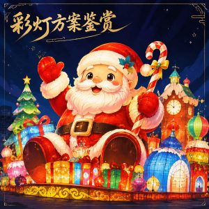 Christmas lantern Santa candy cane display — giant Santa Claus with candy cane, clock tower, hot air balloons, and gift boxes for city festivals