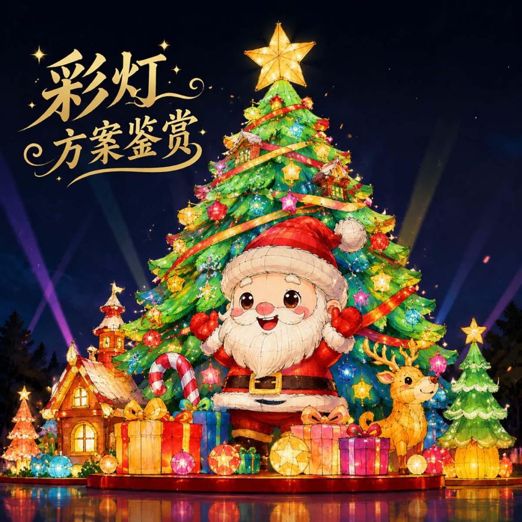 Christmas lantern Santa tree reindeer display — giant Santa Claus, decorated Christmas tree, glowing reindeer, and gift boxes for mall atriums