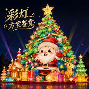 Christmas lantern Santa tree reindeer display — giant Santa Claus, decorated Christmas tree, glowing reindeer, and gift boxes for mall atriums